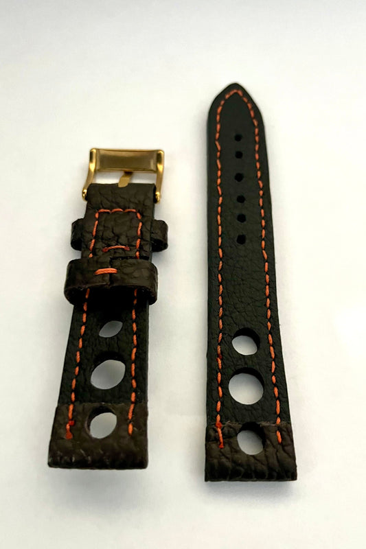 dettaglio parte interna Cinturino RACING in Pelle Nera con Cuciture Arancio