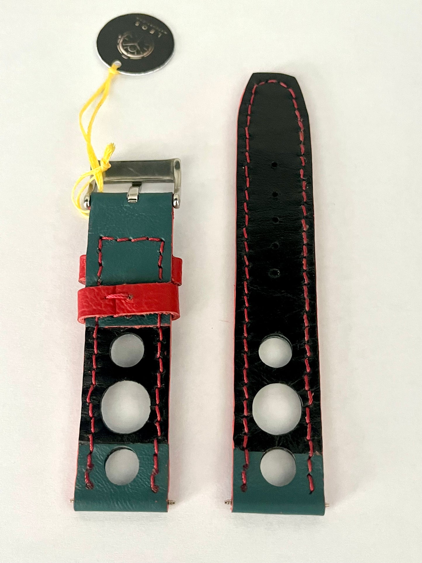 vista pelle interna Cinturino Artigianale RACING in pelle verde con dettagli rossi