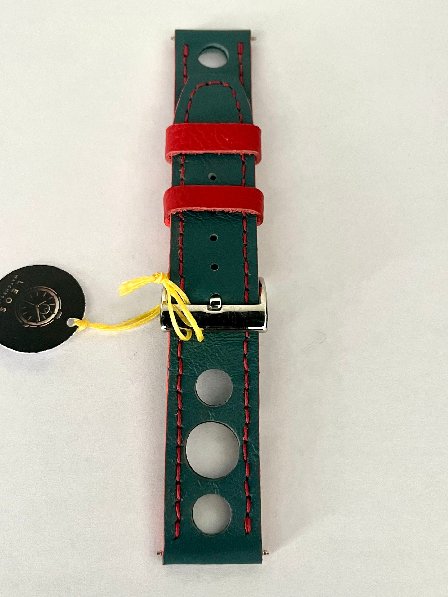 vista Cinturino Artigianale RACING in pelle verde con dettagli rossi, unito