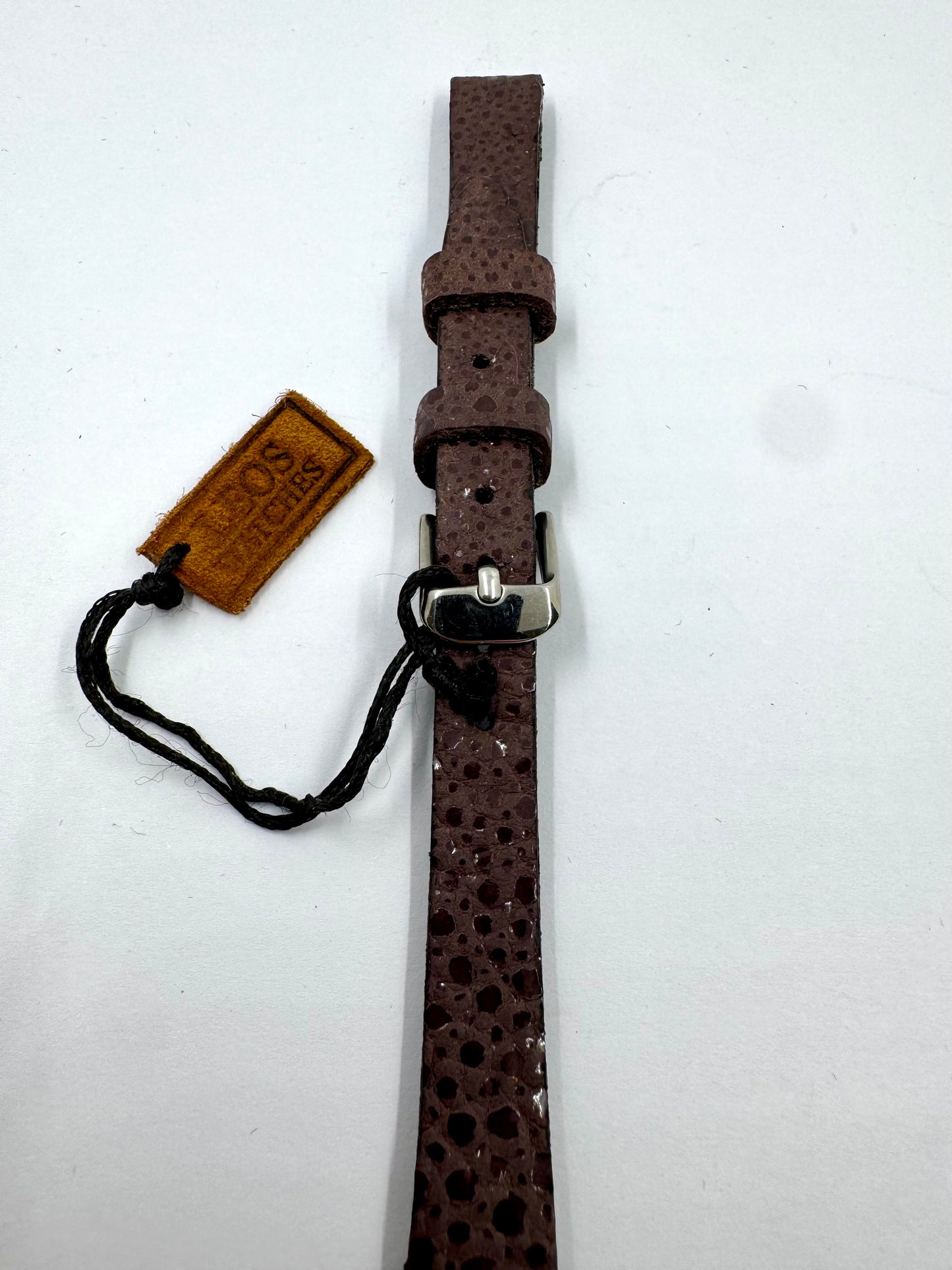 Vista unità fibbia chiusa Cinturino Artigianale in Pelle Porpora Stampa Serpente Brillante 12mm