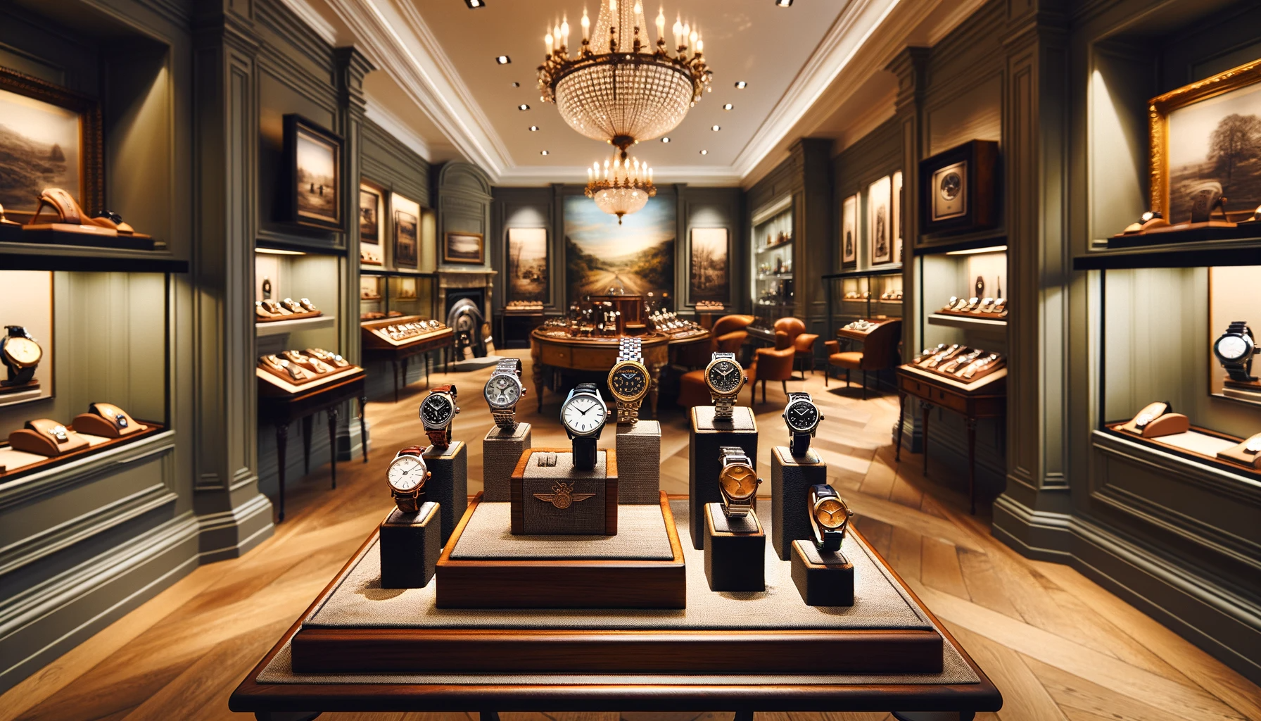 A luxurious yet inviting display highlighting pre-owned, refurbished luxury wristwatches. The setting is a refined boutique with a vintage flair, blen.png