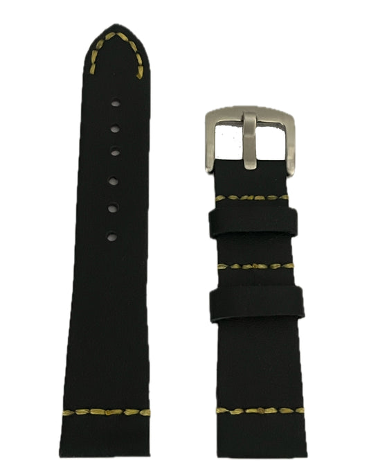 esempio di cinturino CASUAL realizzato in pelle nera con cuciture gialle