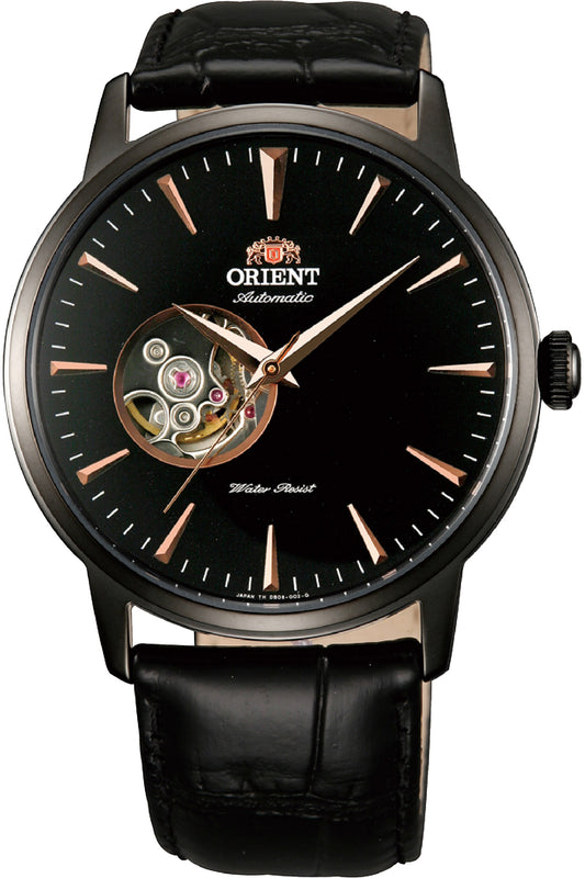 vista frontale ORIENT Classic Open Heart watch quadrante nero