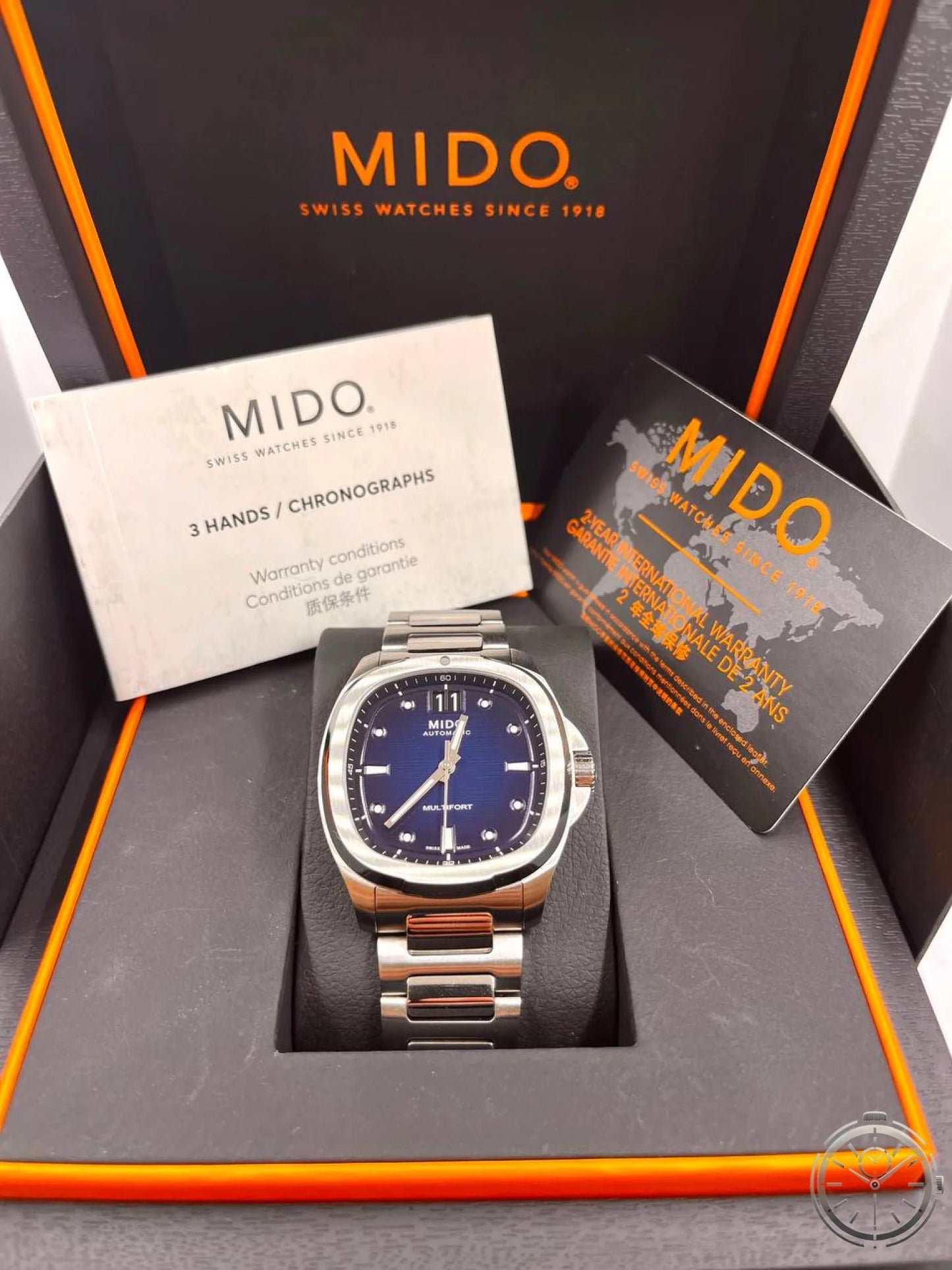 Mido Multifort TV Big Date — Full set scatola originale nera arancio con orologio libretto garanzia e carta garanzia internazionale 2 anni