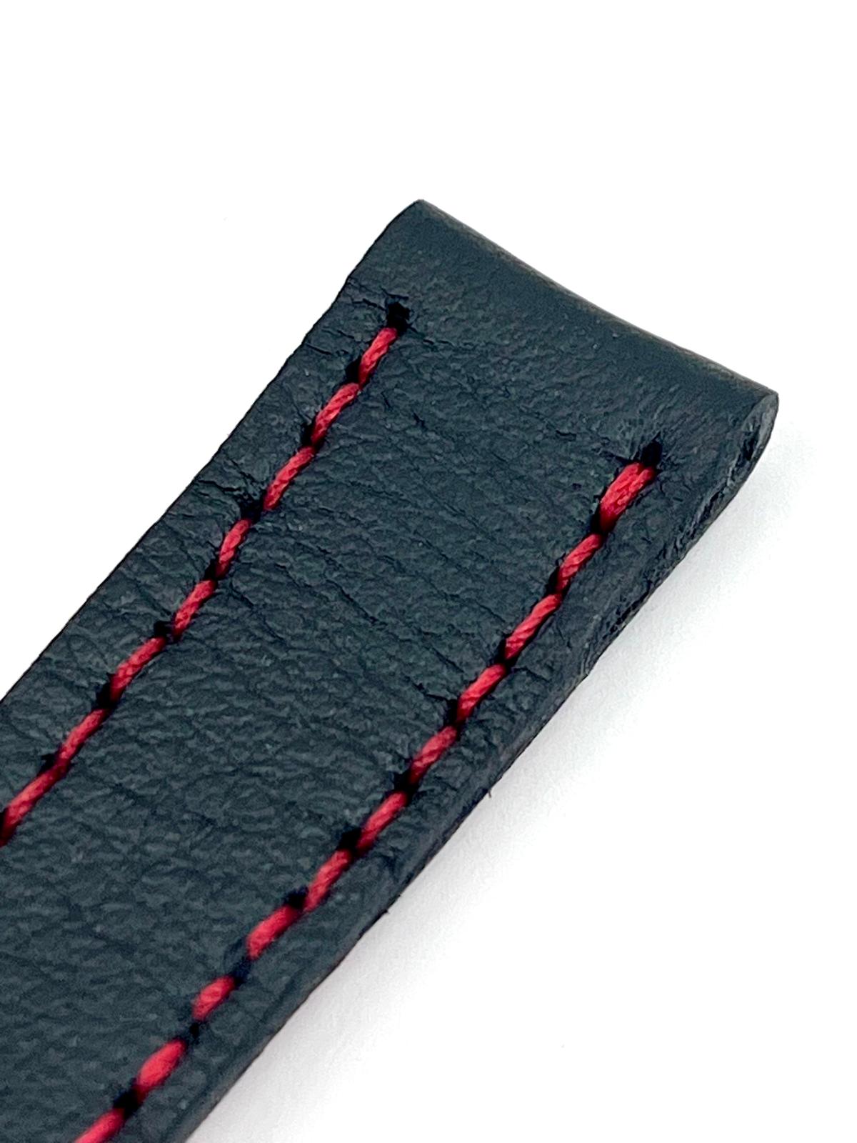 Cinturino Artigianale CLASSIC 18mm — Pelle Nera con Cuciture Rosse e Fibbia Nera