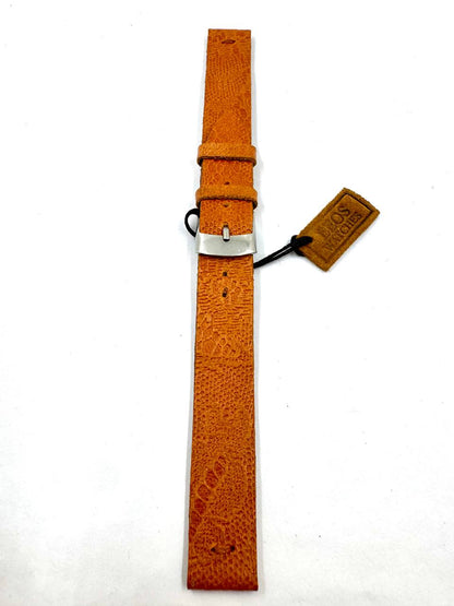 Cinturino Essential 14mm Marrone Trama Ricamata — Vista frontale assemblato con tag LeosWatches