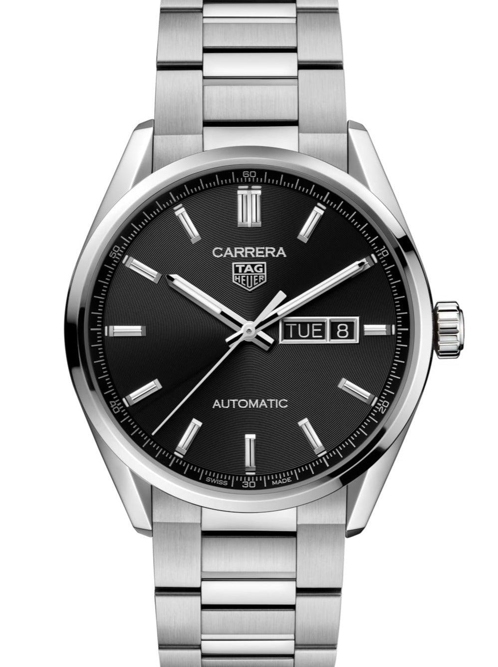 vista frontale TAG Heuer Carrera Calibre 5 Day-Date quadrante nero