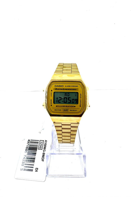 Casio A168WG-9 Vintage Gold — Vista frontale su espositore con cartellino originale A168WG-9WDF
