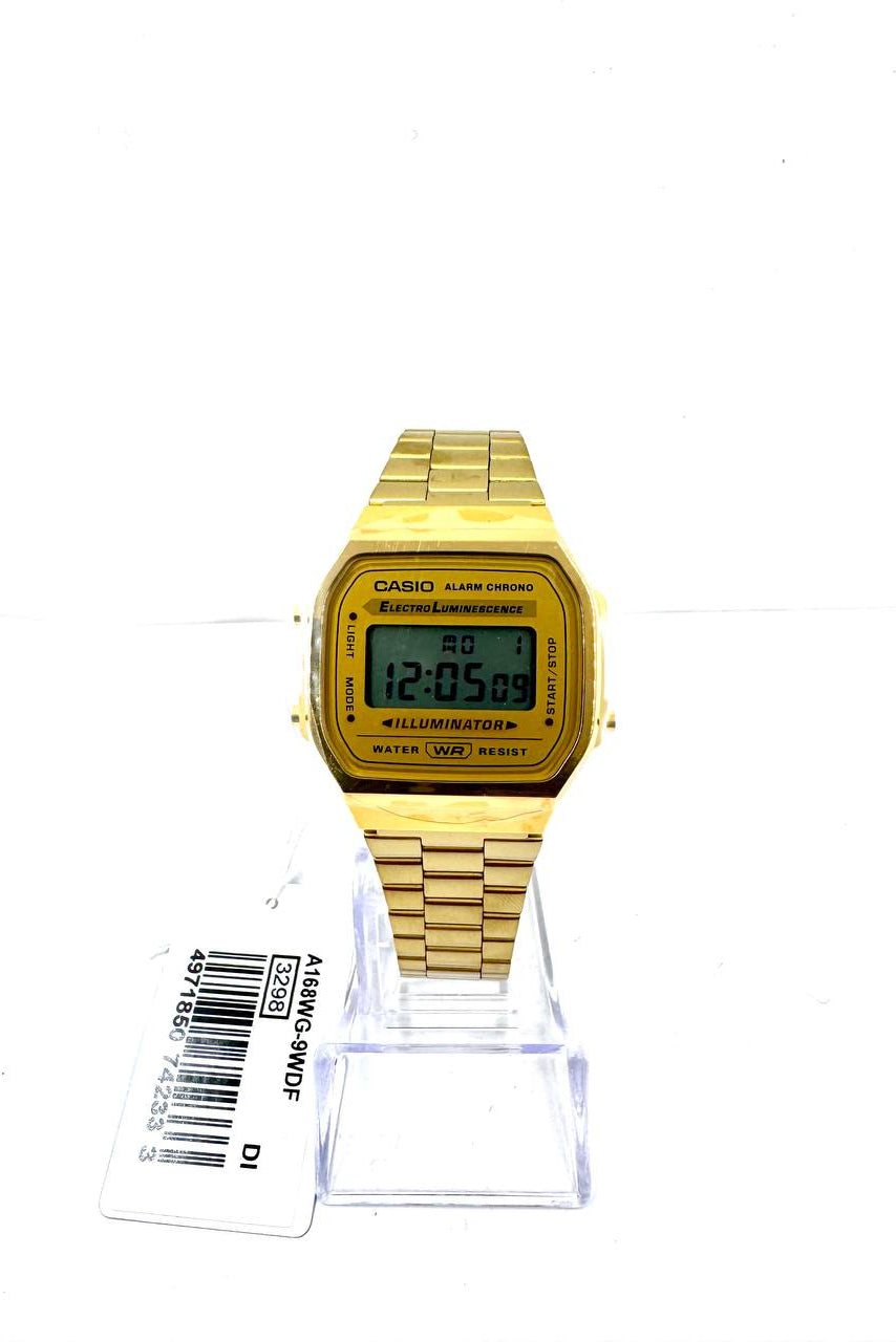 Casio A168WG-9 Vintage Gold — Vista frontale su espositore con cartellino originale A168WG-9WDF