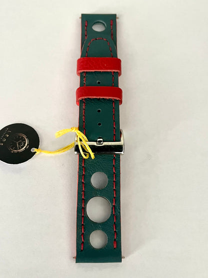 vista Cinturino Artigianale RACING in pelle verde con dettagli rossi, unito