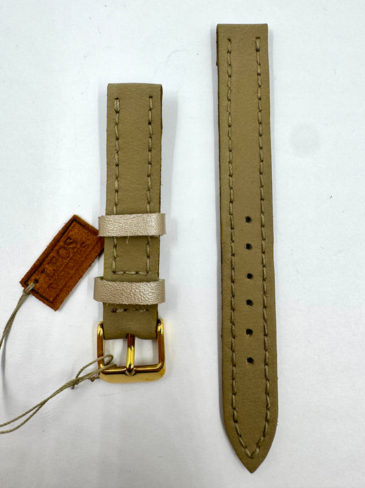 Vista frontale Cinturino Artigianale in Pelle khaki con Fibbia Oro da 14mm