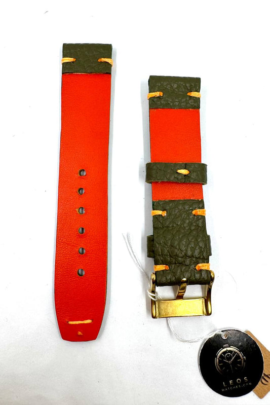 Cinturino Minimal 22mm Verde Militare Interno Arancione — Vista interno arancione fiamma con fibbia oro