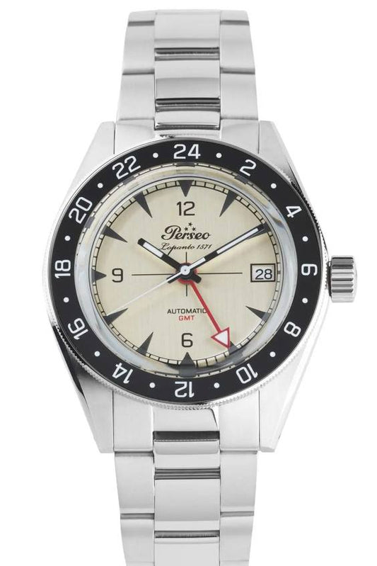 Perseo Lepanto GMT — Vista frontale quadrante tortora con lancetta GMT rossa