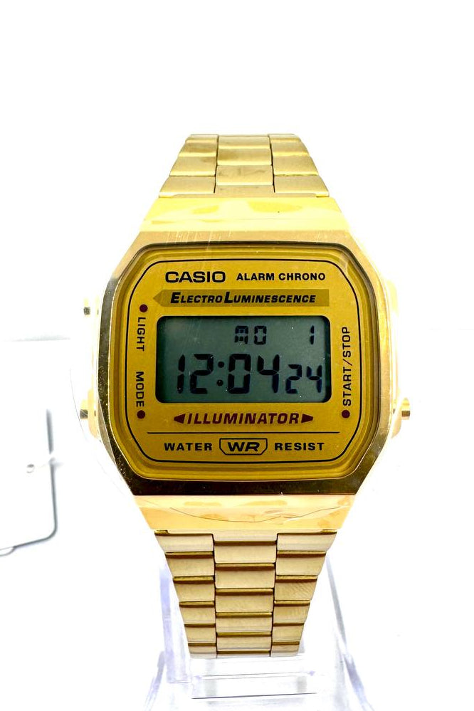 Casio A168WG-9 Vintage Gold — Vista frontale display digitale Alarm Chrono Electro Luminescence bracciale dorato