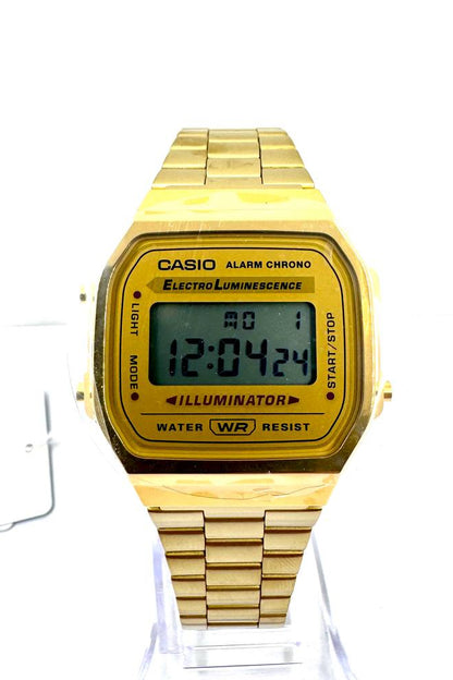 Casio A168WG-9 Vintage Gold — Vista frontale display digitale Alarm Chrono Electro Luminescence bracciale dorato