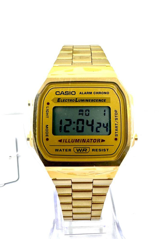 Casio A168WG-9 Vintage Gold — Vista frontale display digitale Alarm Chrono Electro Luminescence bracciale dorato