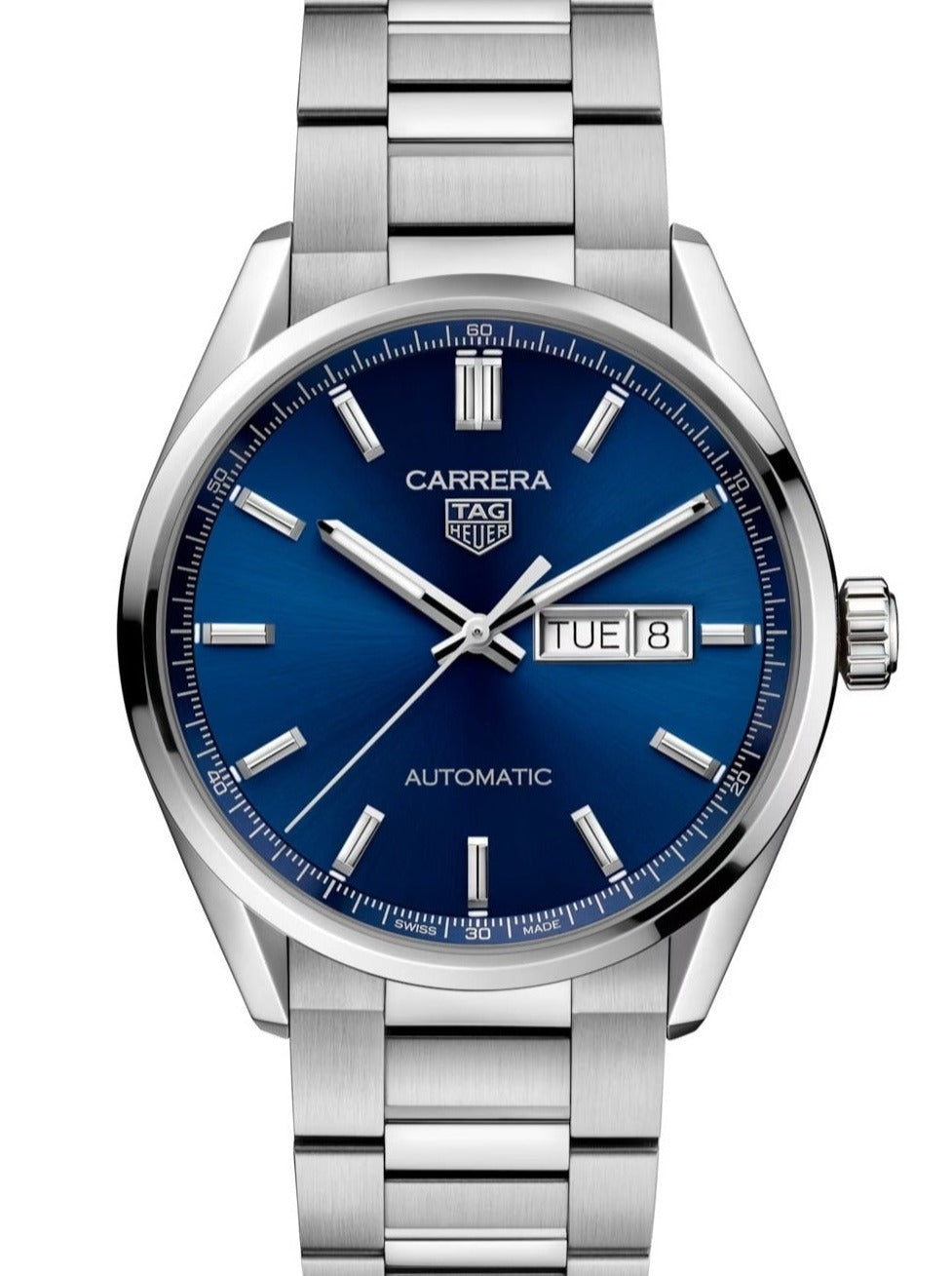 vista frontale TAG Heuer Carrera Calibre 5 Day-Date quadrante blu