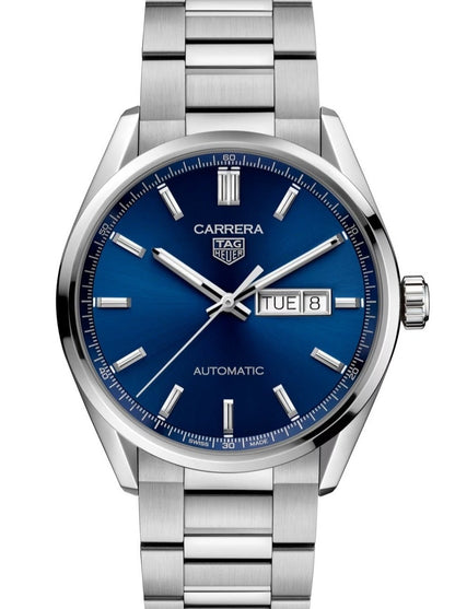 vista frontale TAG Heuer Carrera Calibre 5 Day-Date quadrante blu