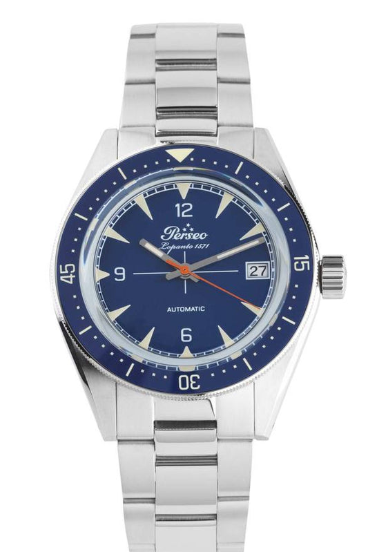 Perseo Lepanto — Vista frontale quadrante blu, bracciale in acciaio