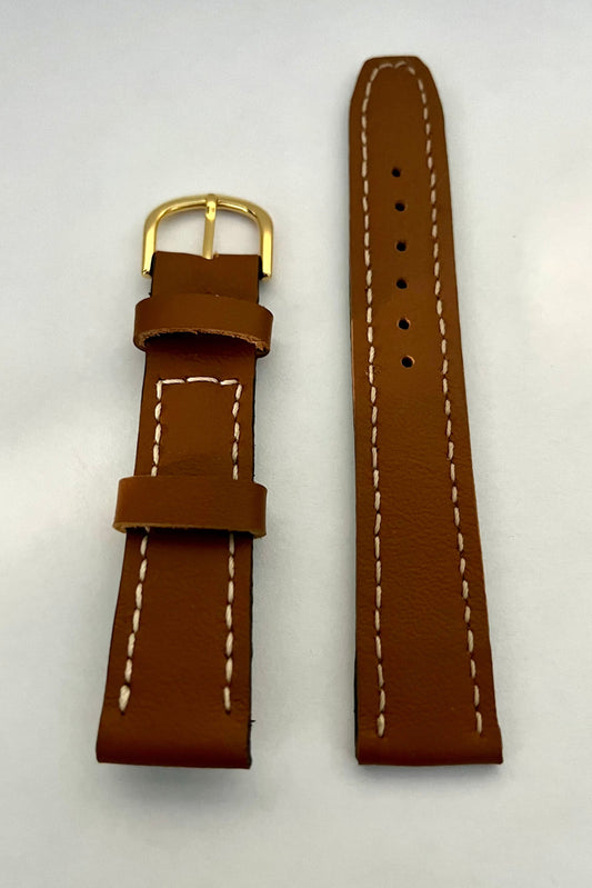 vista frontale del Cinturino CLASSIC in pelle marrone con cuciture bianche