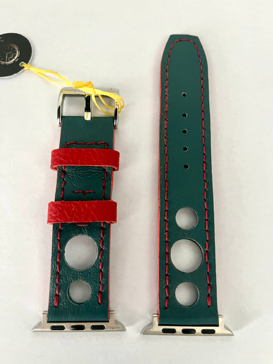vista Cinturino Artigianale RACING in pelle verde con dettagli rossi con attacchi apple watch