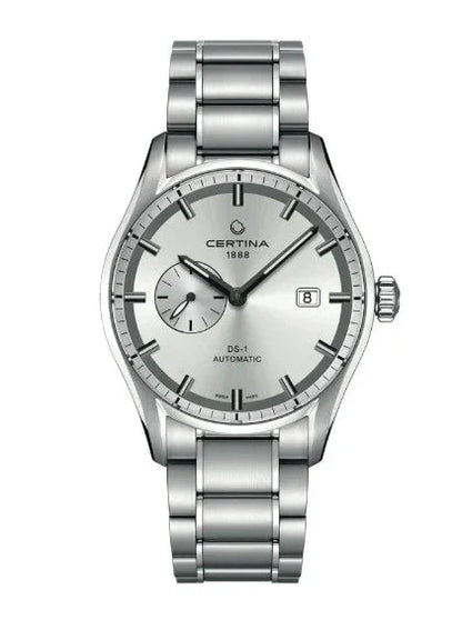 vista frontale CERTINA DS-1 Small Second Automatic Date dettagli argento