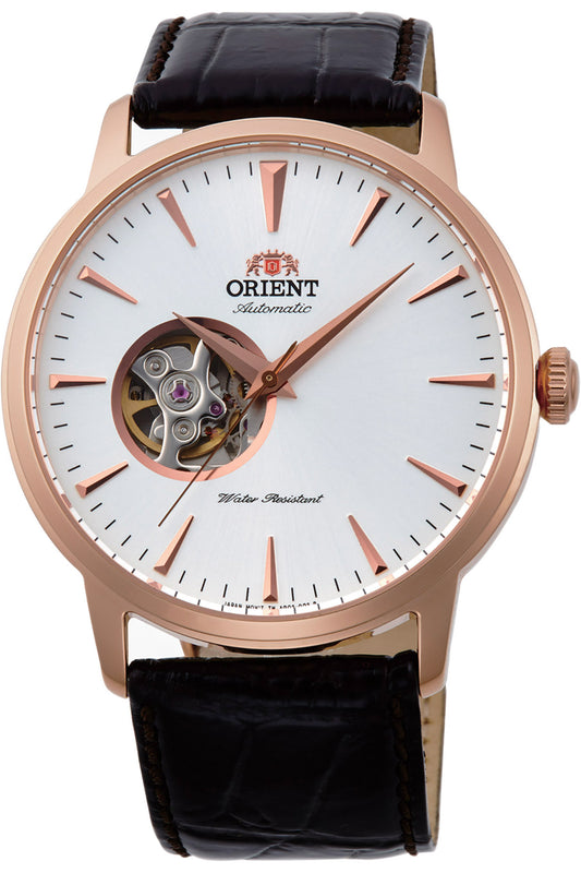 vista frontale ORIENT Classic Open Heart watch quadrante bianco cassa oro rosa