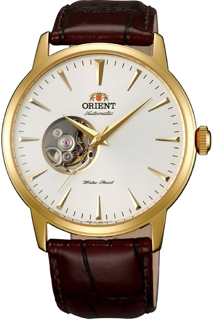 vista frontale ORIENT Classic Open Heart watch quadrante bianco cassa oro