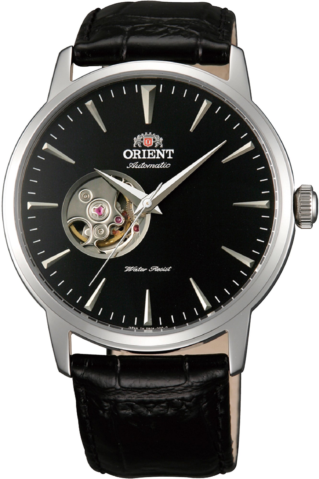 vista frontale ORIENT Classic Open Heart watch quadrante nero cassa argento