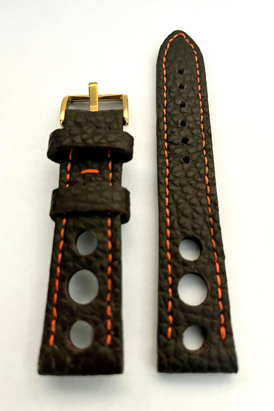 dettaglio parte esterna Cinturino RACING in Pelle Nera con Cuciture Arancio