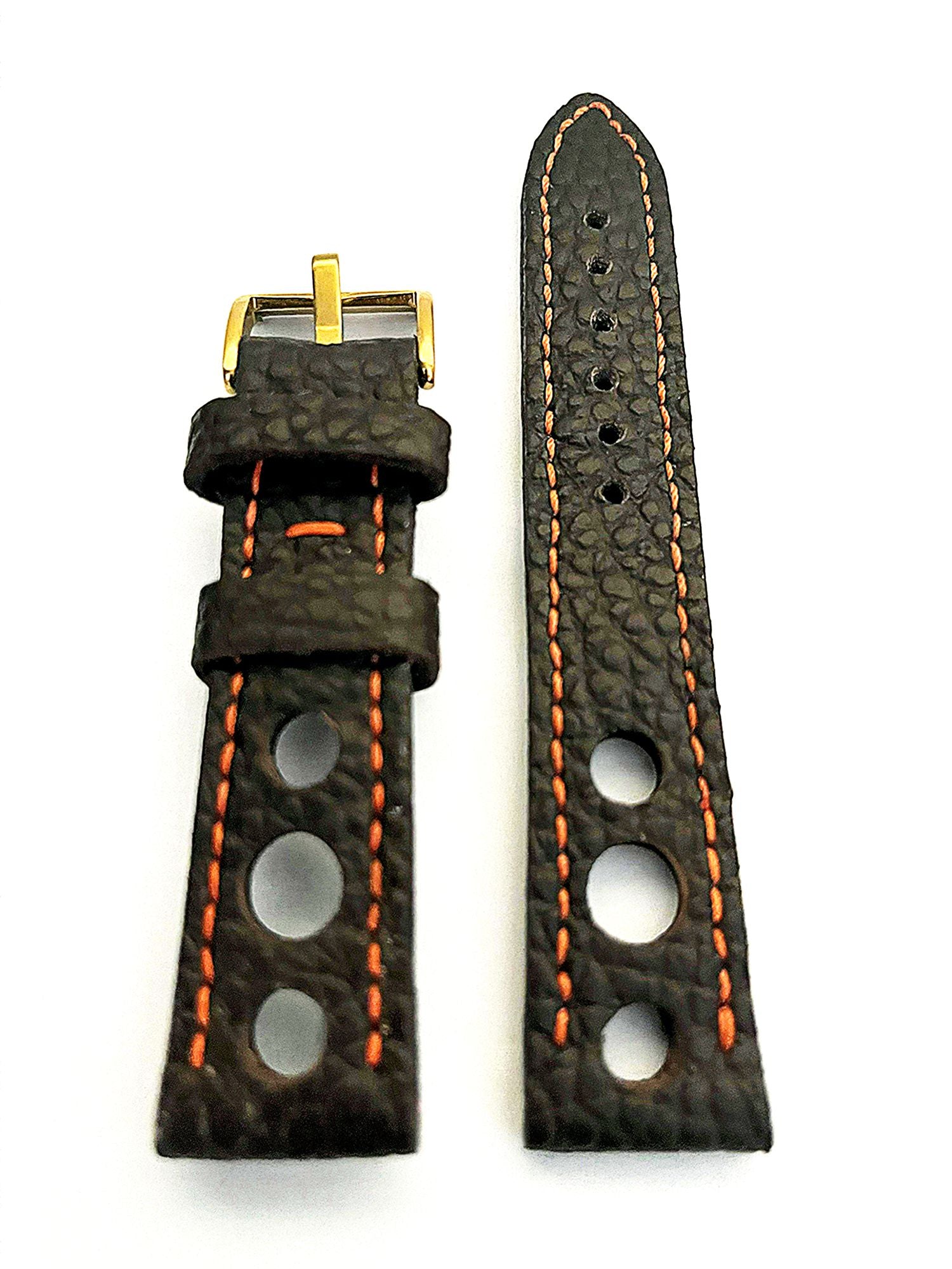 modello di cinturino racing realizzato a mano in pelle nera e cuciture arancioni