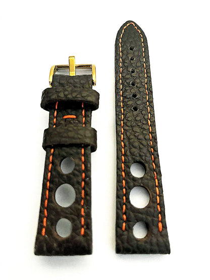 modello di cinturino racing realizzato a mano in pelle nera e cuciture arancioni