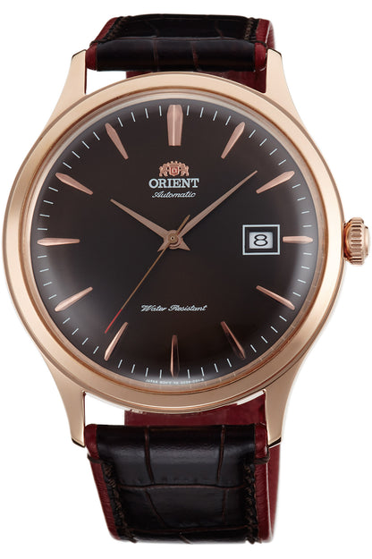 vista frontale ORIENT Classic Bambino V4 watch con quadrante di colore marrone