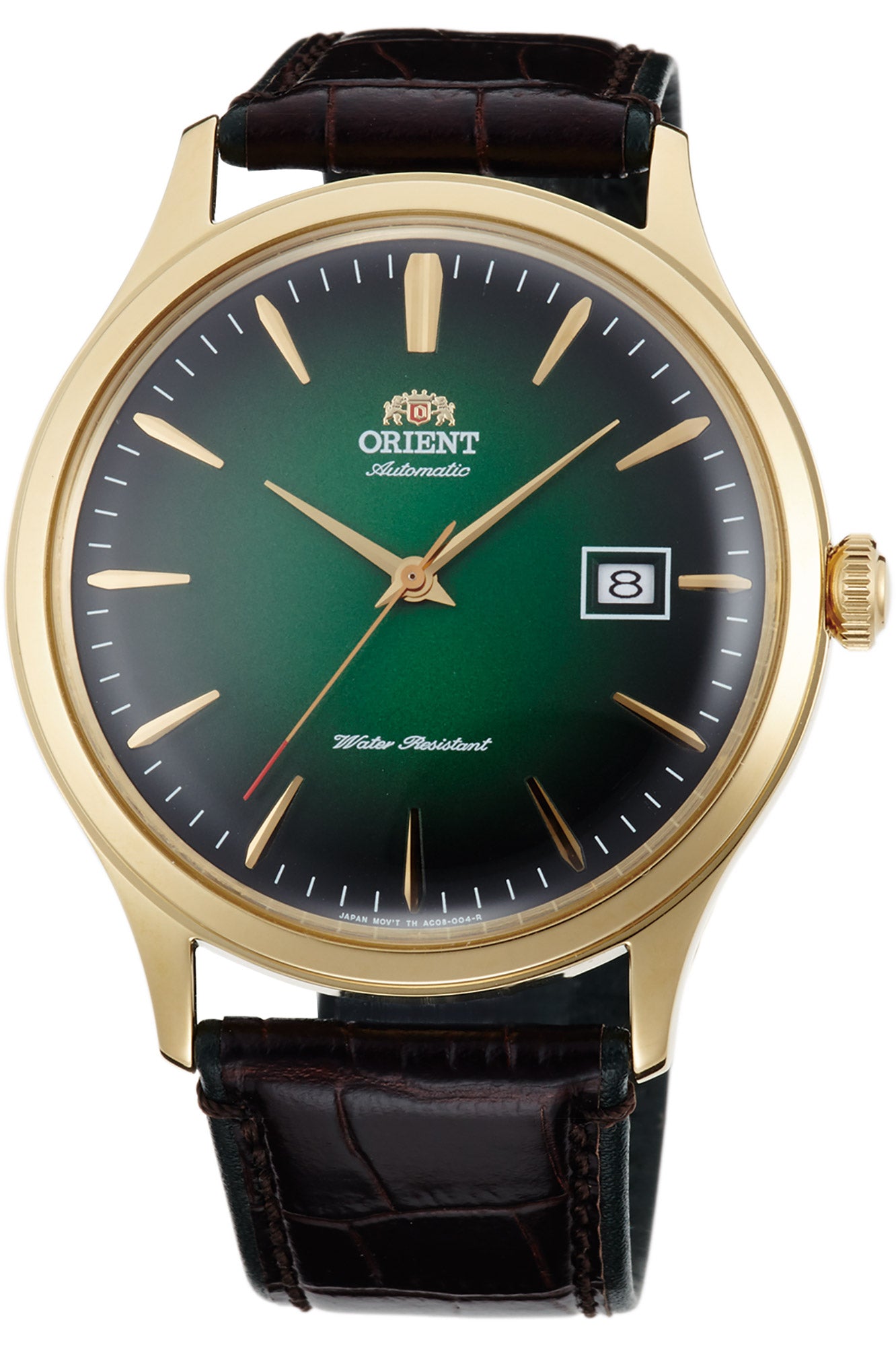 vista frontale ORIENT Classic Bambino V4 watch con quadrante di colore verde