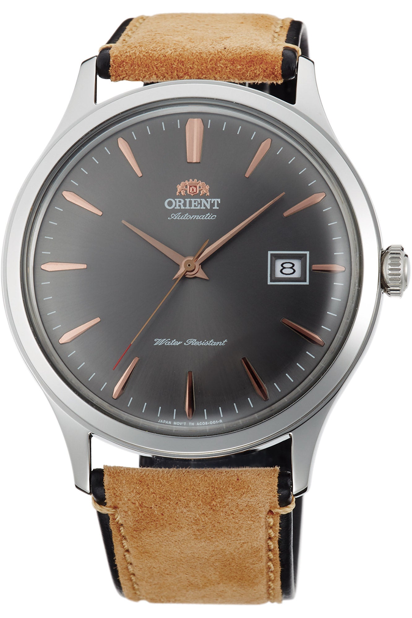 vista frontale ORIENT Classic Bambino V4 watch con quadrante di colore grigio