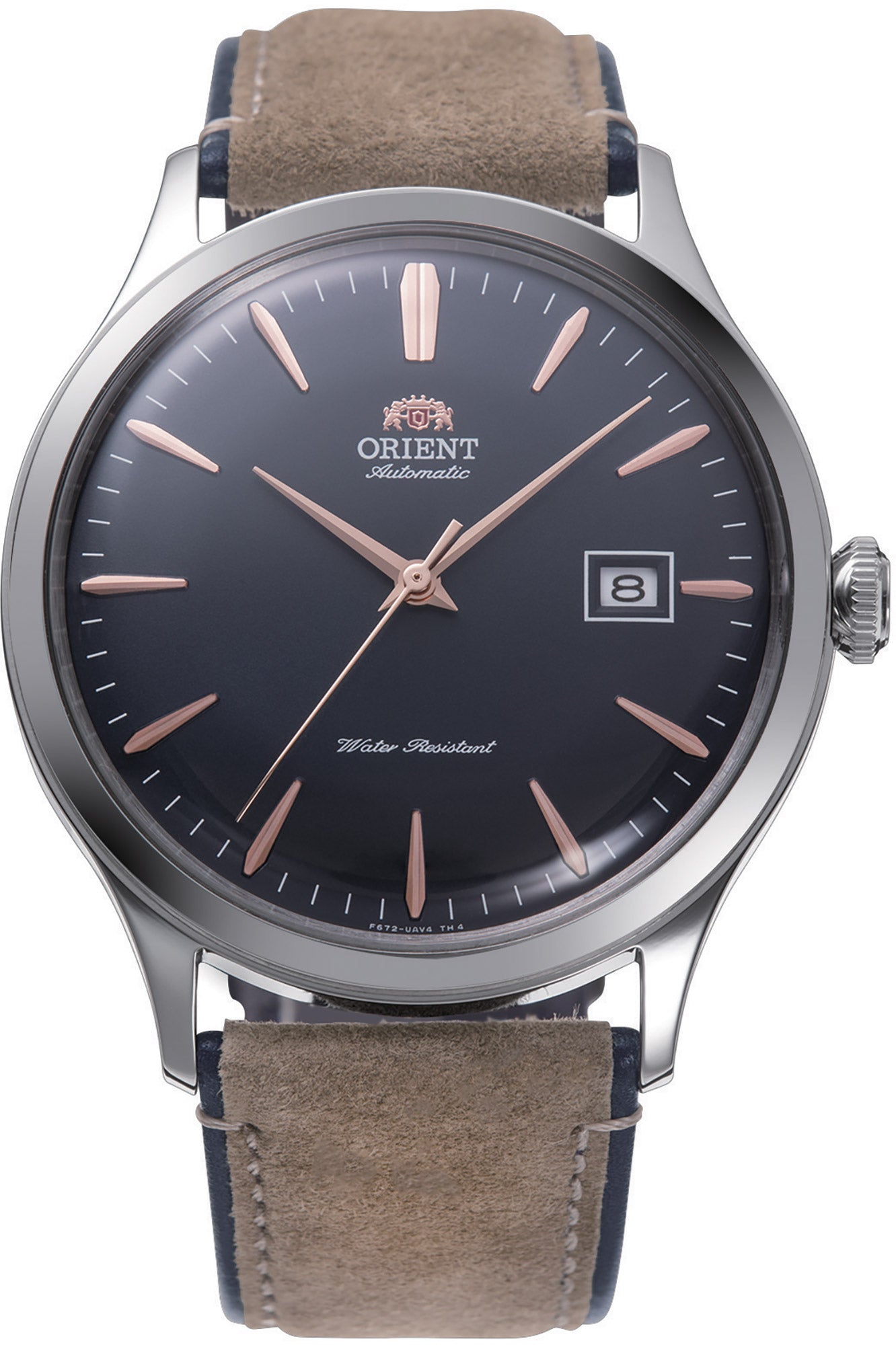 vista frontale ORIENT Classic Bambino V4 watch con quadrante di colore blu notte