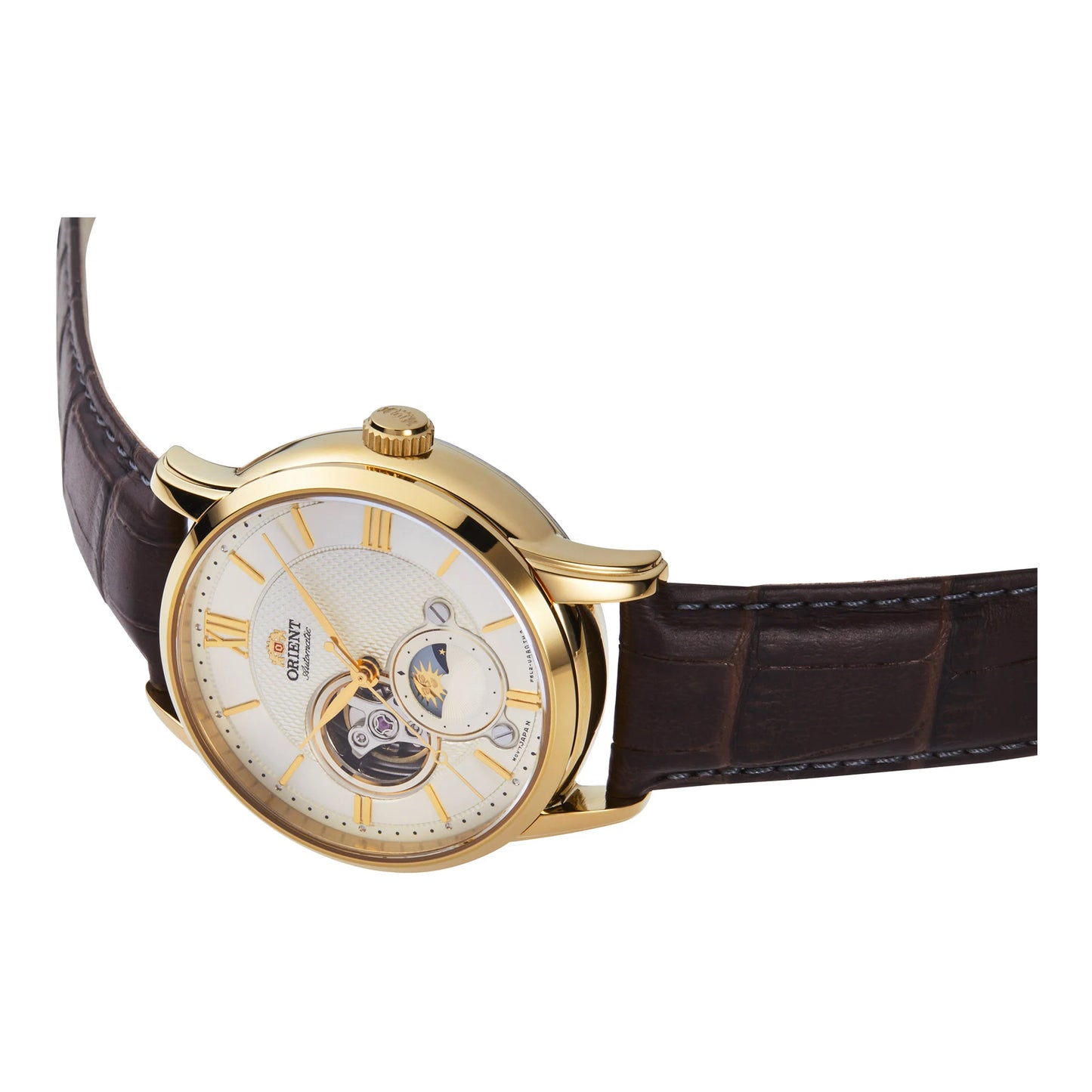 vista orologio posato sul fianco ORIENT Classic Sun & Moon Open Heart cassa oro