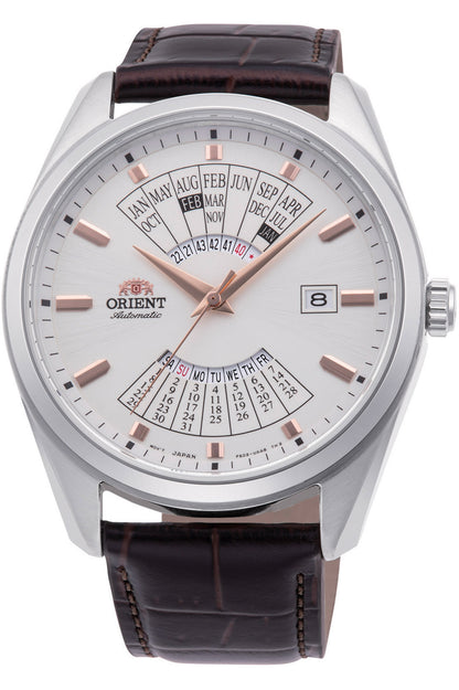 vista frontale ORIENT Contemporary Multi Year Calendar watch con quadrante grigio chiaro