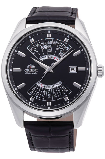 vista frontale ORIENT Contemporary Multi Year Calendar watch con quadrante nero