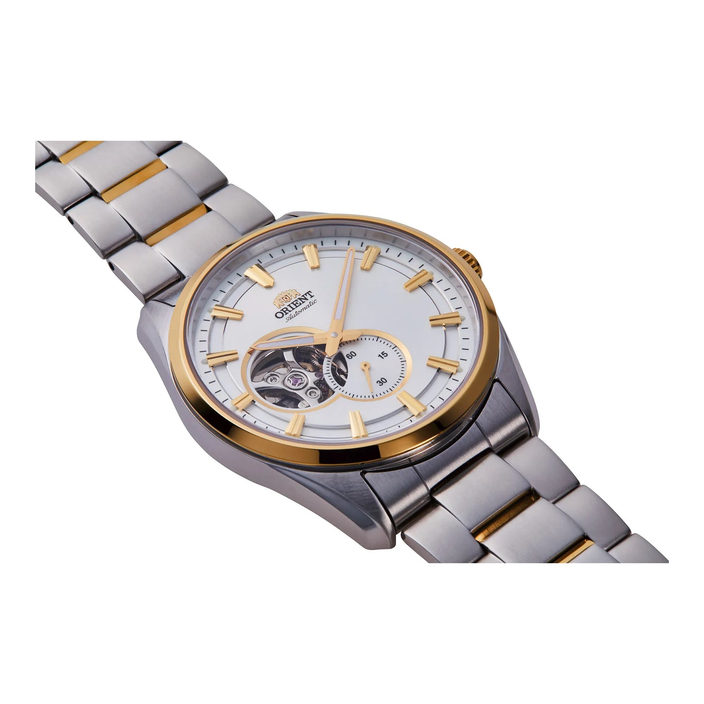 vista laterale ORIENT Contemporary Small Seconds Semi Skeleton ghiera in oro