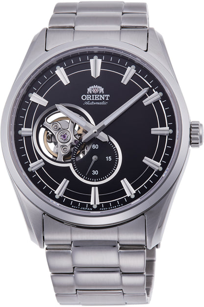 vista frontale ORIENT Contemporary Small Seconds Semi Skeleton quadrante nero