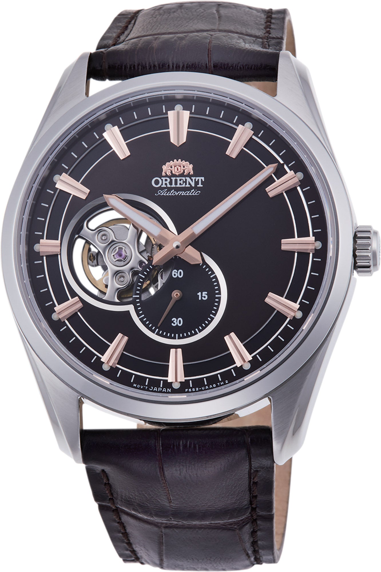 vista frontale ORIENT Contemporary Small Seconds Semi Skeleton quadrante nero