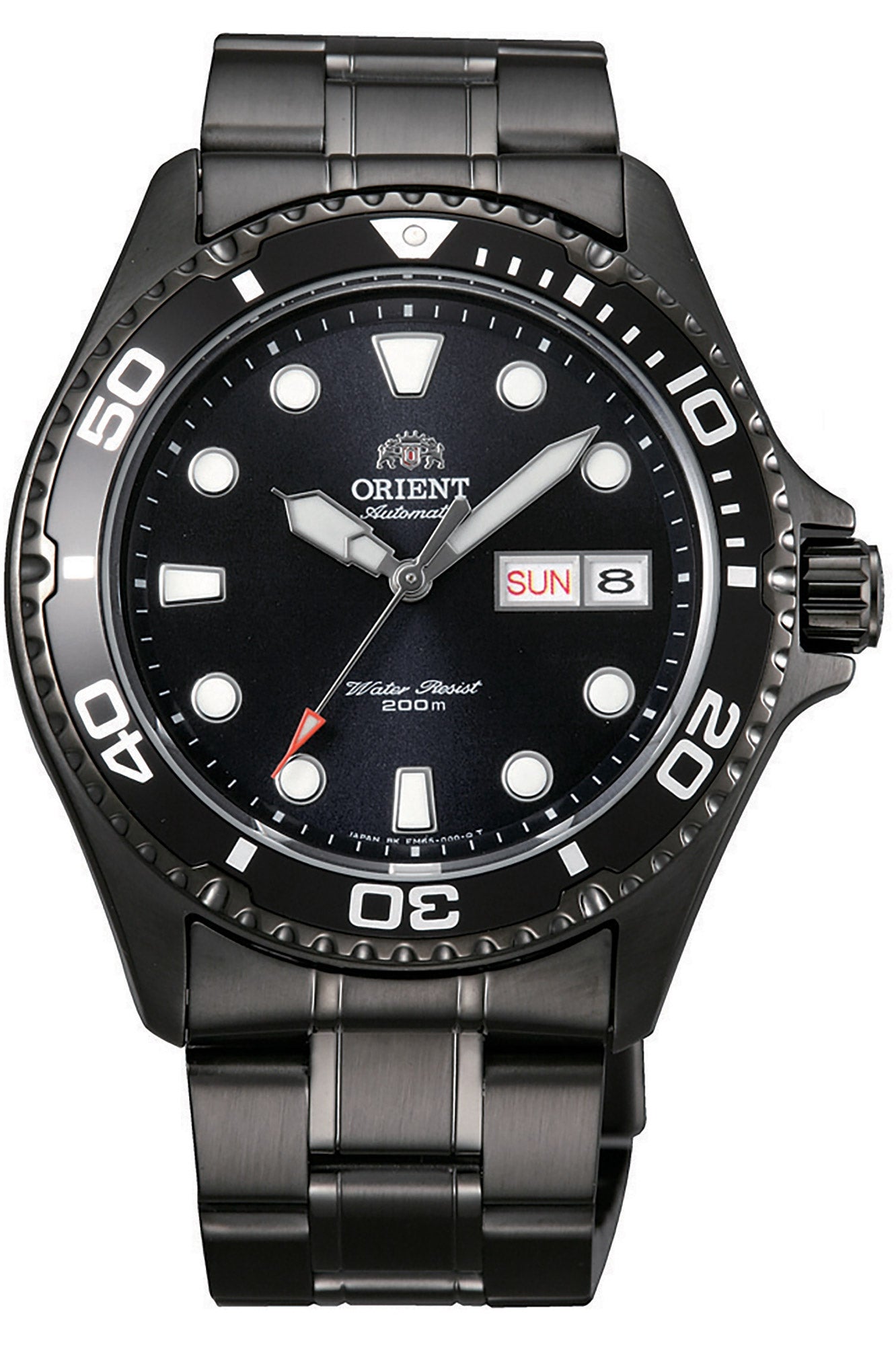 vista frontale ORIENT Sport Mako 2 & Ray 2 watch con quadrante nero e bracciale in acciaio