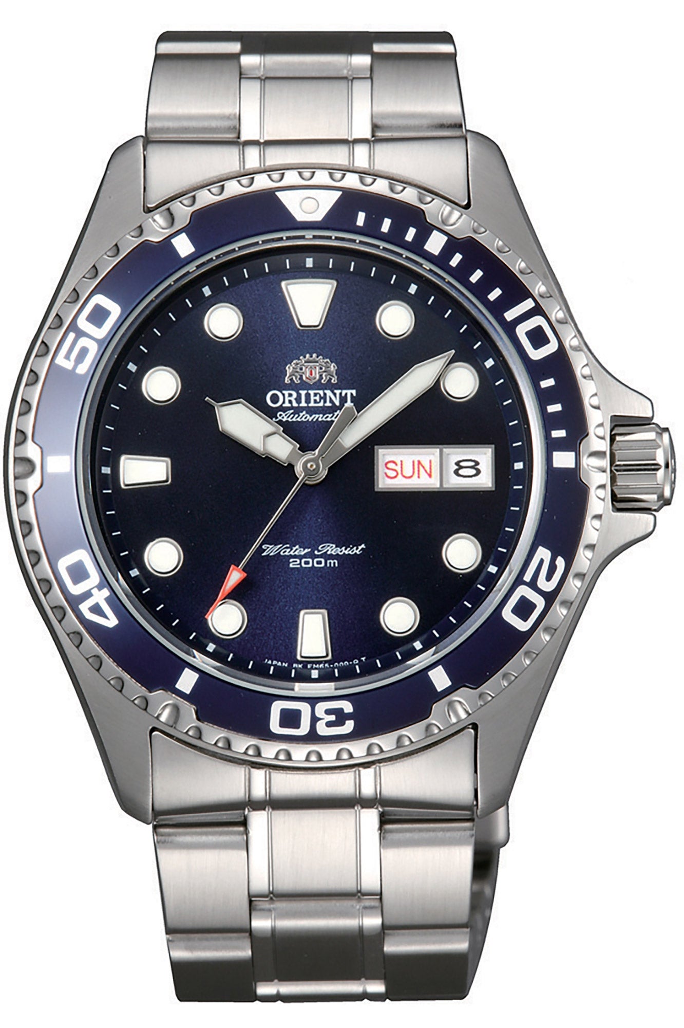 vista frontale ORIENT Sport Mako 2 & Ray 2 watch con quadrante blu e bracciale in acciaio