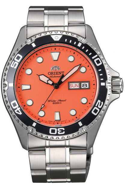 vista frontale ORIENT Sport Mako 2 & Ray 2 watch con quadrante arancione