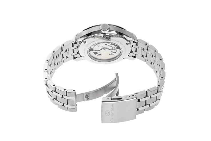 vista per intero bracciale in acciaio Orient Star Contemporary Layered Skeleton