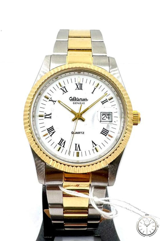 Altanus Genève 7616 Quartz Bicolor — Vista frontale quadrante bianco numeri romani con lunetta fluted dorata e bracciale bicolor