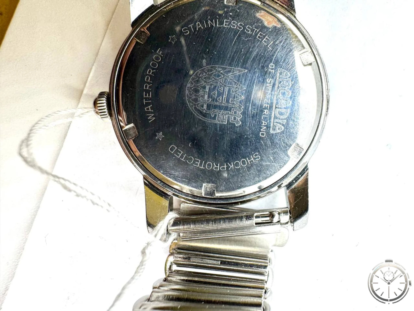 Arcadia Vintage Swiss Made — Fondello inciso ARCADIA of SWITZERLAND con stemma e WATERPROOF STAINLESS STEEL SHOCKPROTECTED