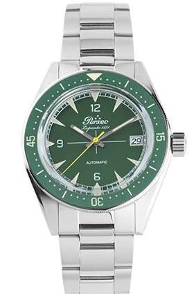 Perseo Lepanto GMT — Vista frontale quadrante verde con bracciale in acciaio