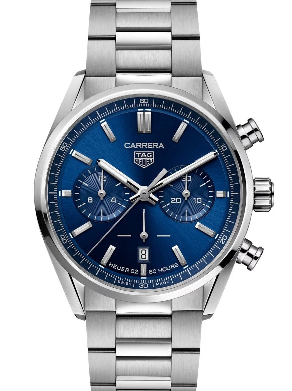 vista frontale TAG Heuer Carrera Calibre Heuer 02 42mm quadrante blu